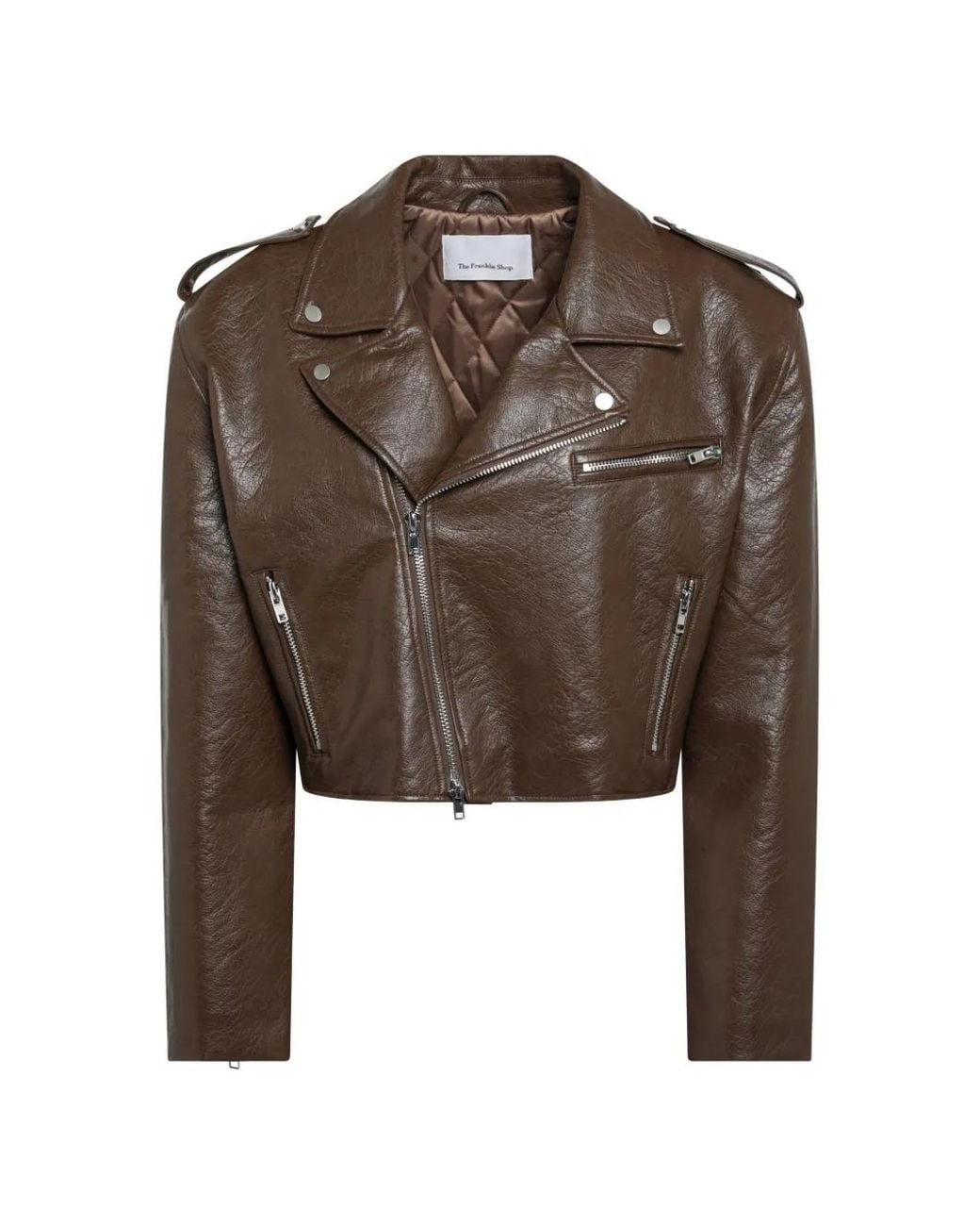 Frankie Shop Brown Daphne Faux Leather Cropped Biker Jacket