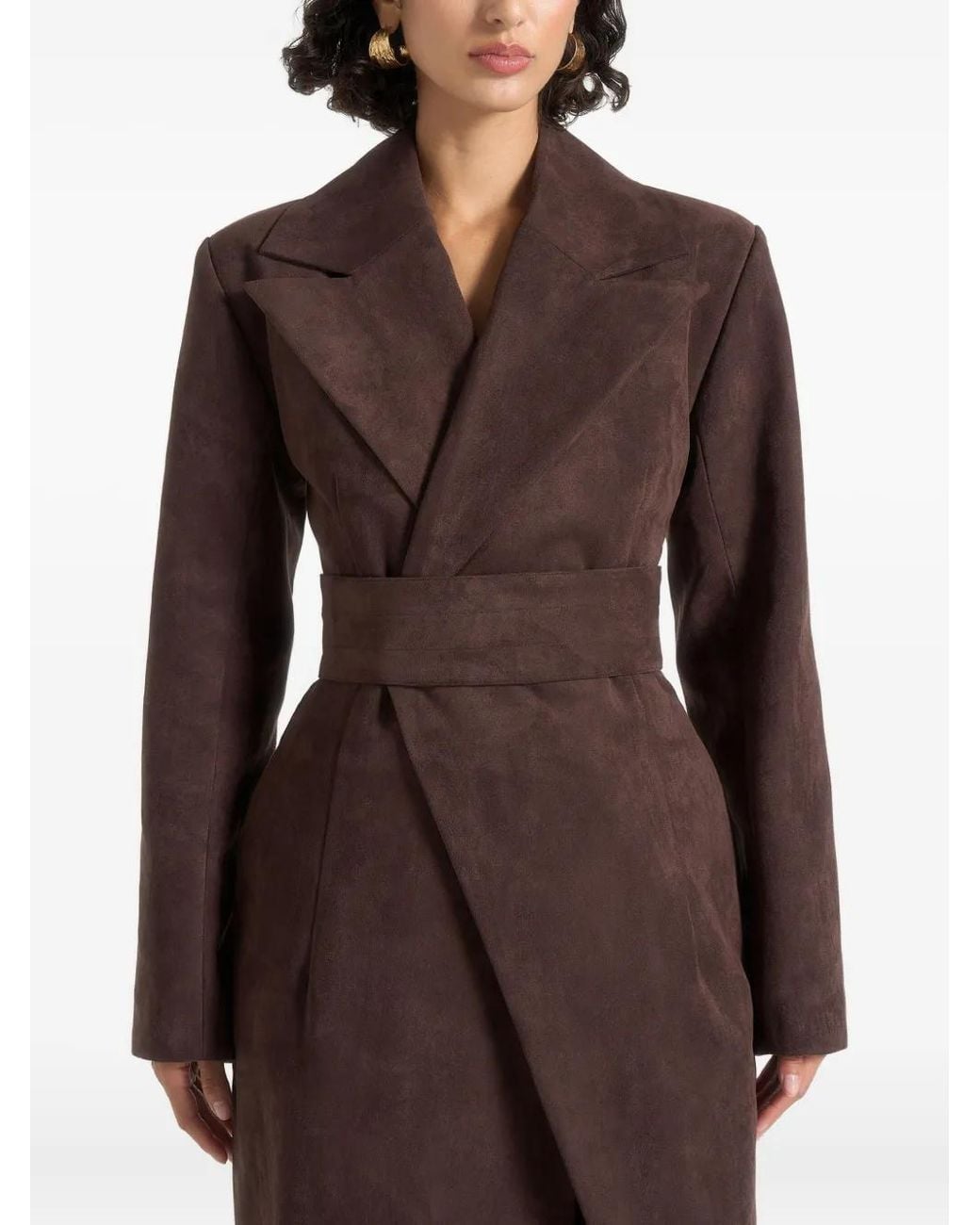 Manière De Voir Brown Esma Asymmetric-Fastening Suede-Effect Belted Coat