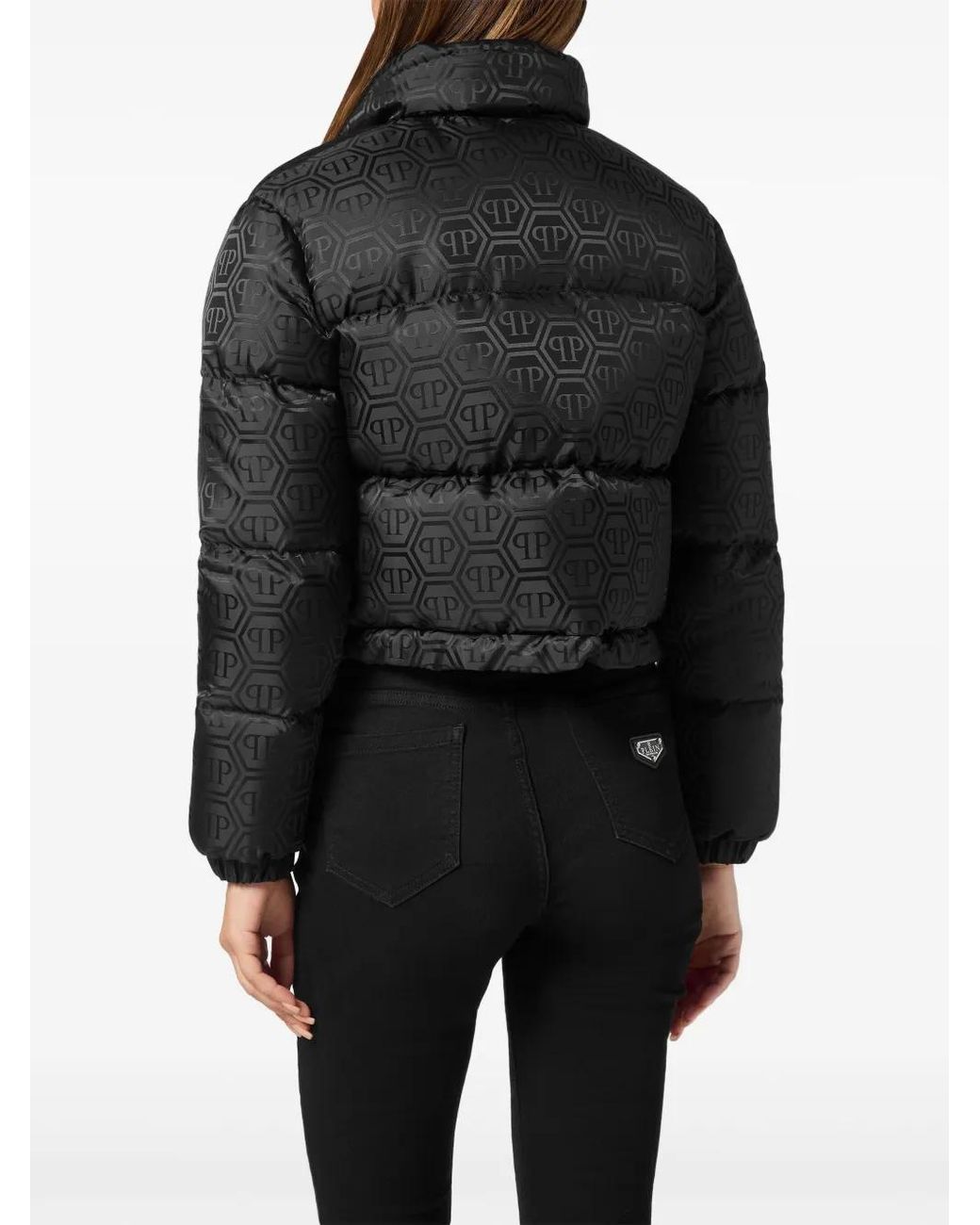 Philipp Plein Black Monogram Cropped Puffer Jacket