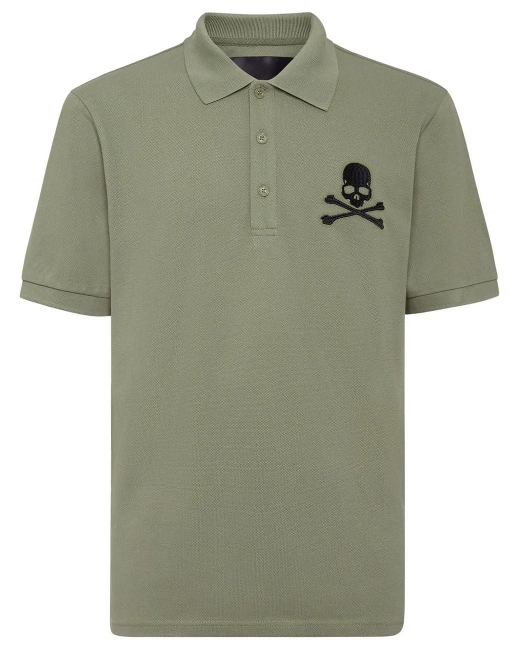 Philipp Plein Green Skull & Bones Embroidered Cotton Polo Shirt for men