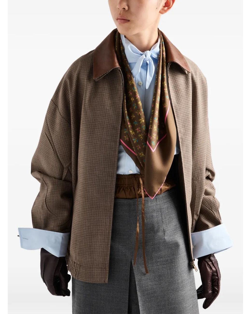 Prada Brown Houndstooth Wool Blouson Jacket