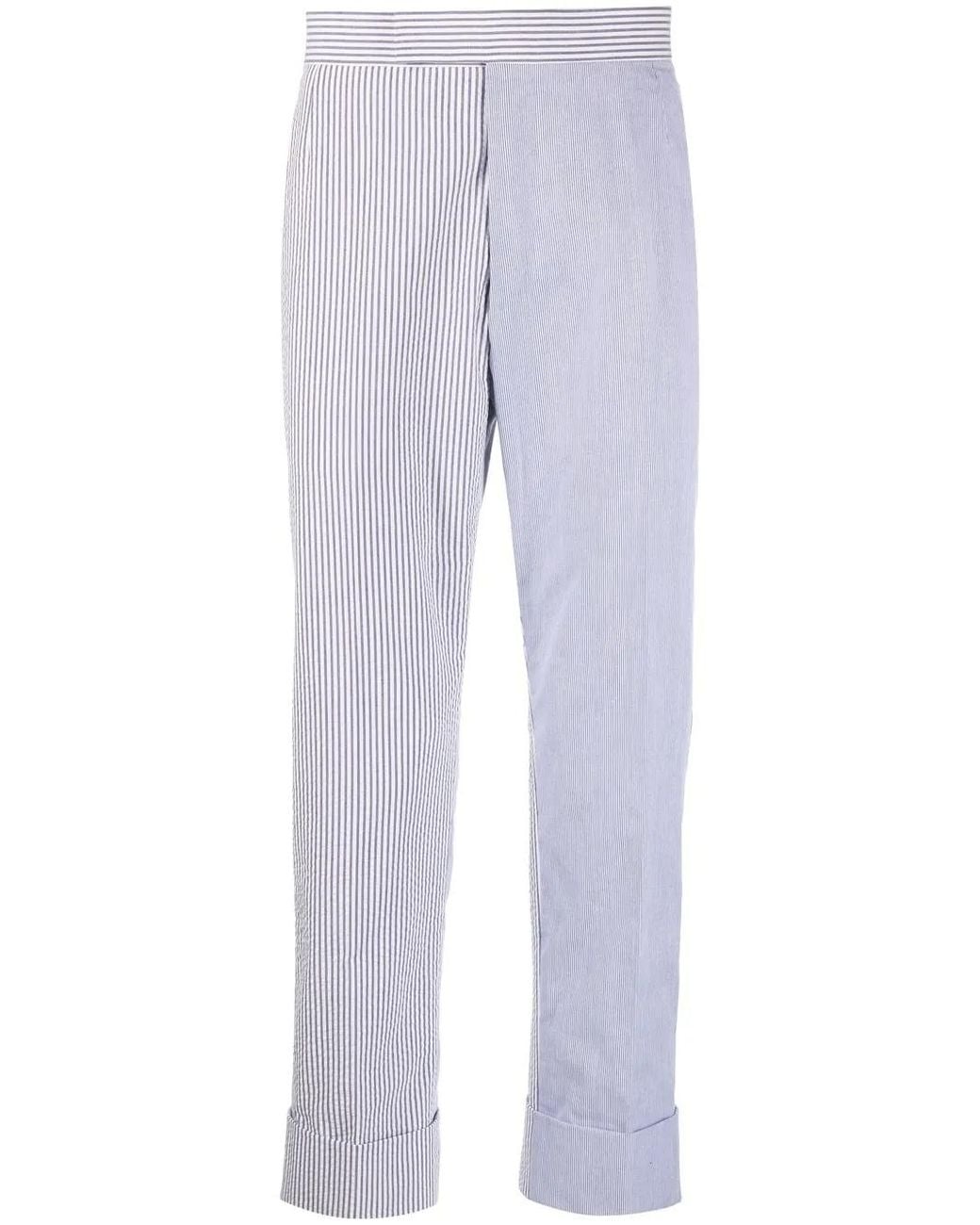 Thom Browne Blue Cropped Seersucker Trousers for men