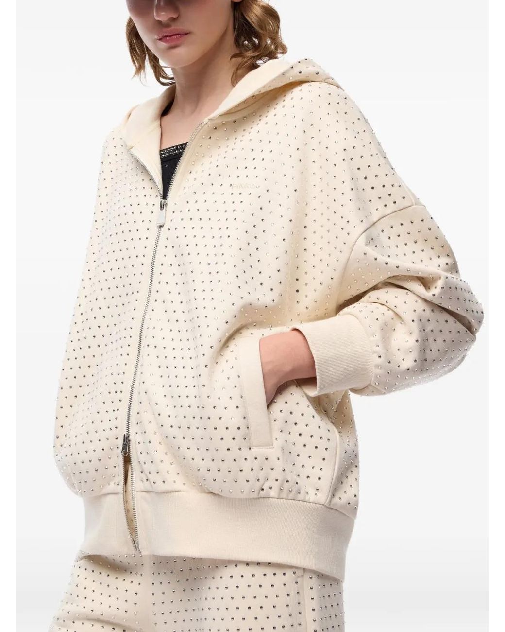 Pinko White Fully Rhinestoned Lugano Hoodie With Zip
