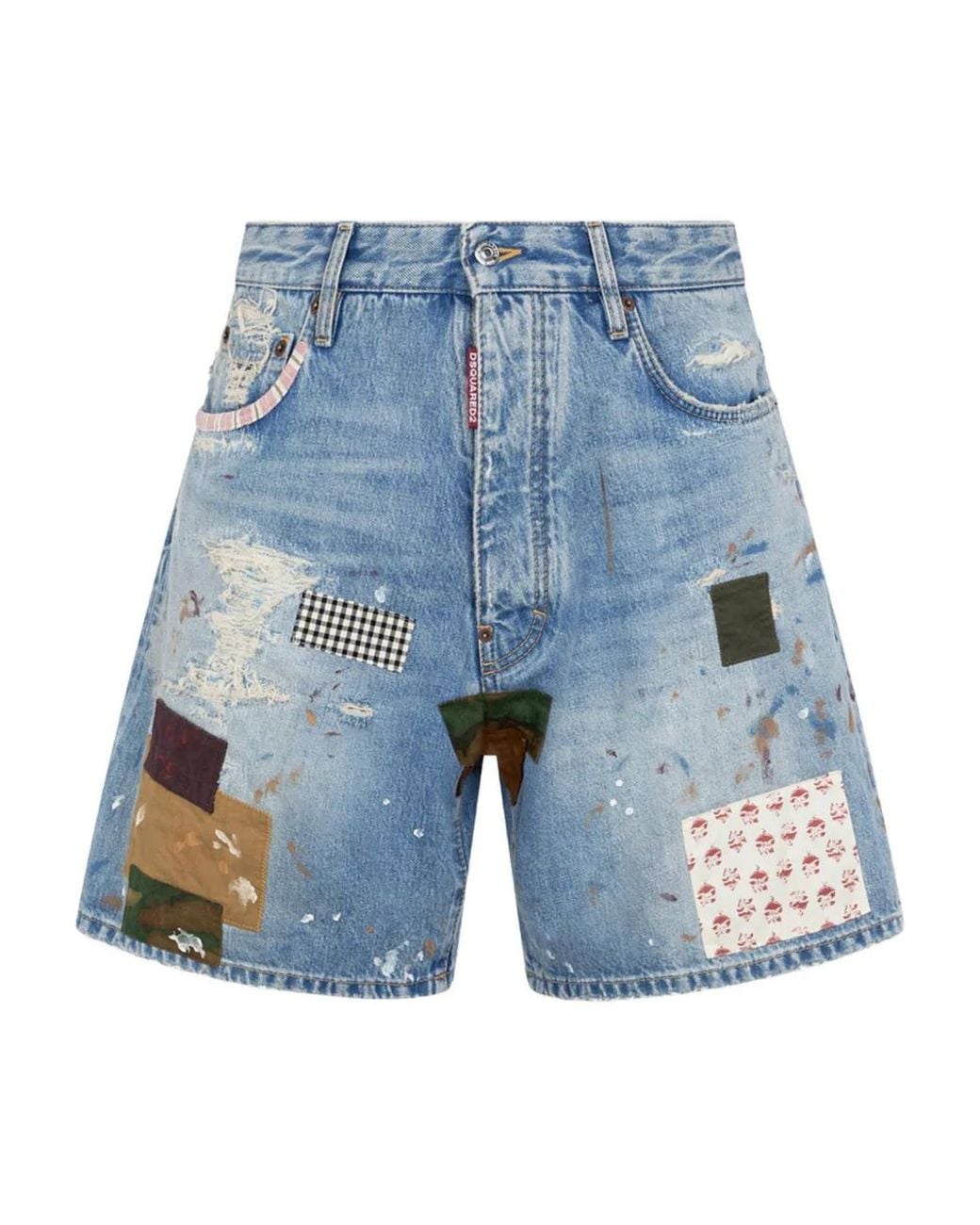 DSquared² Blue Patchwork Paint-Splatter Denim Shorts for men