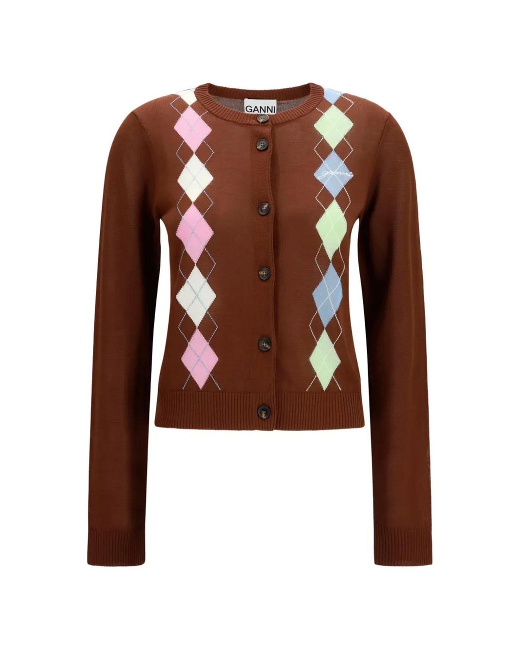 Ganni Brown Diamond-Pattern Cardigan