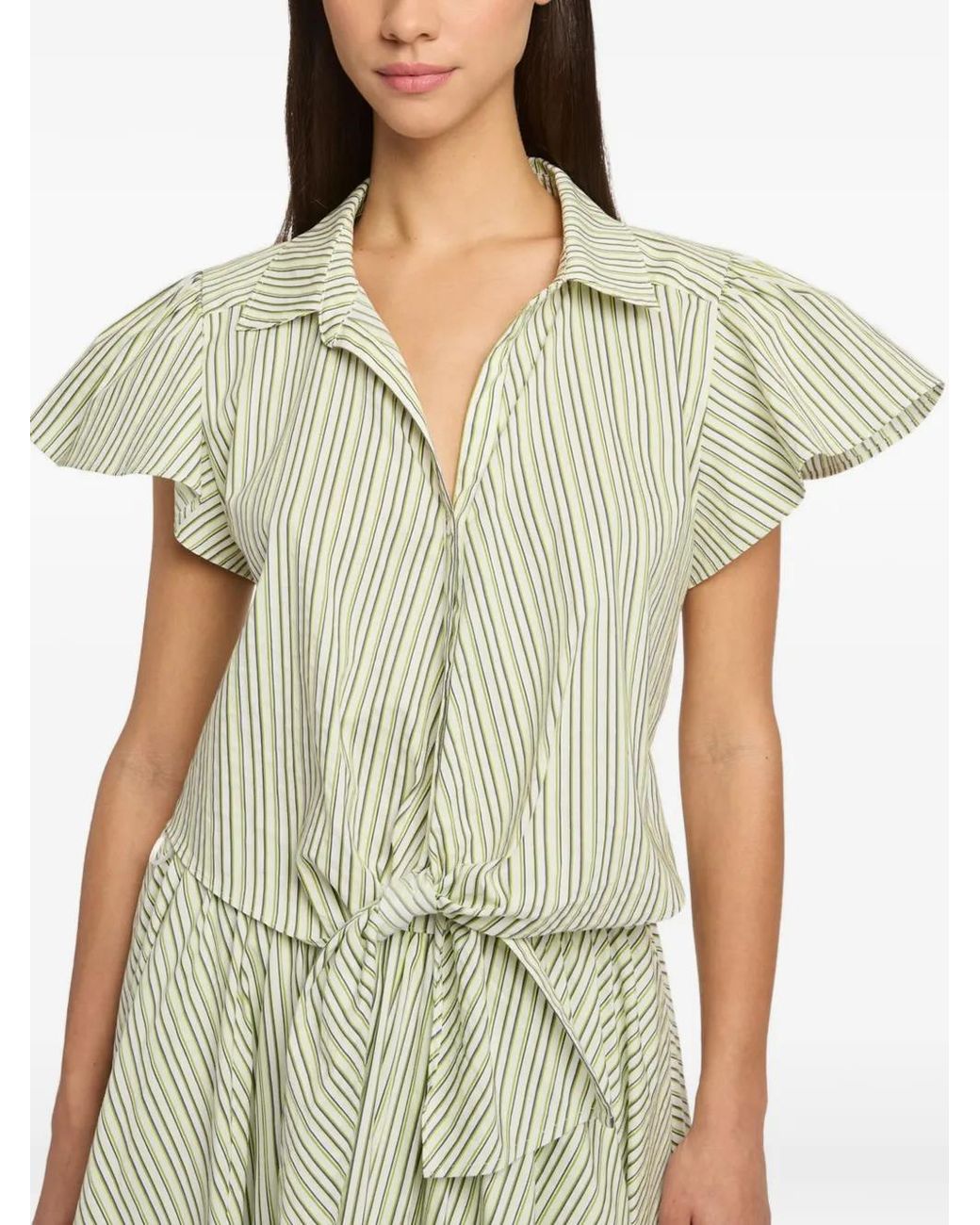 Cinq À Sept Green Striped Flutter-Sleeve Blouse