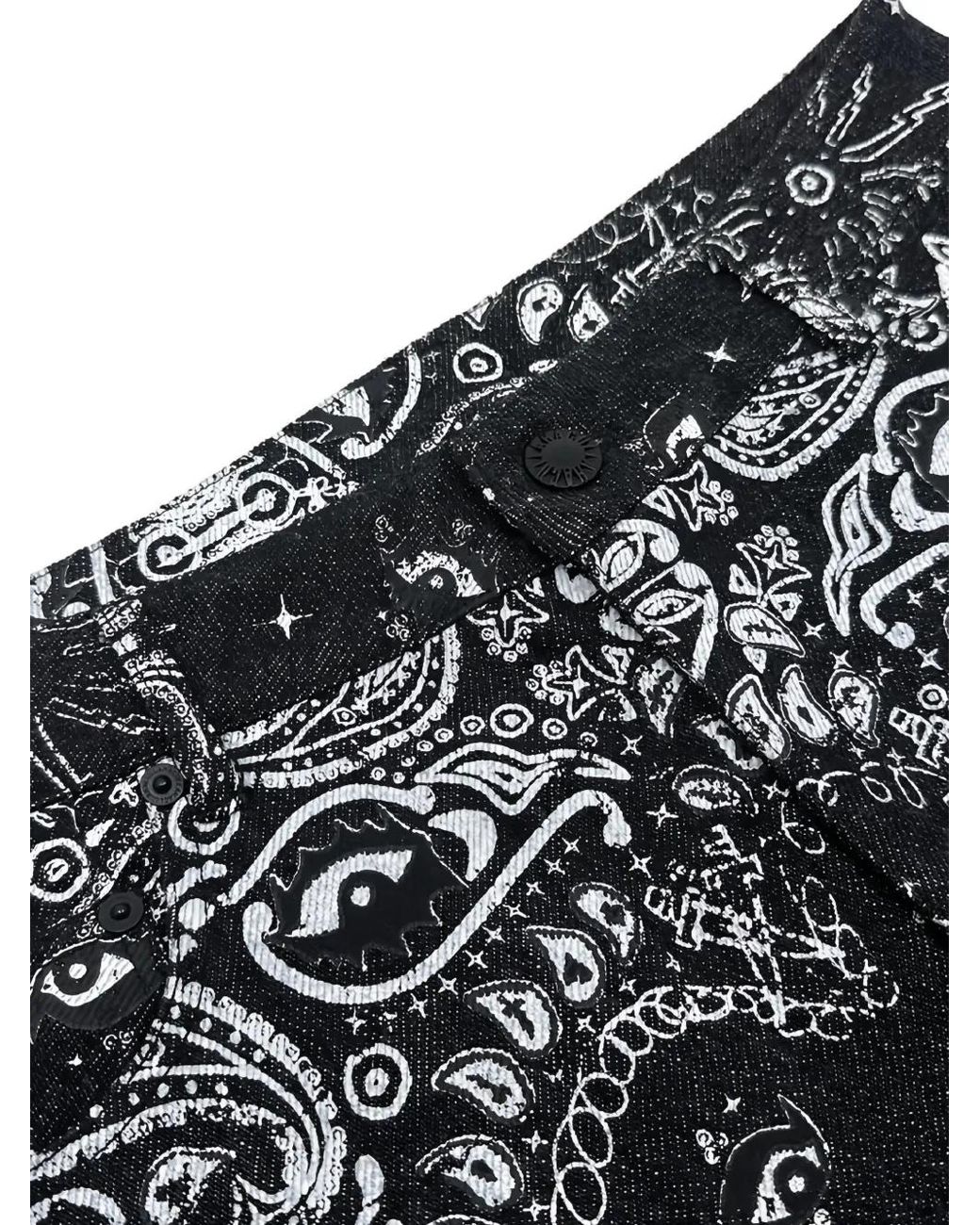 Haculla Black Distressed Paisley-Pattern Denim Shorts for men
