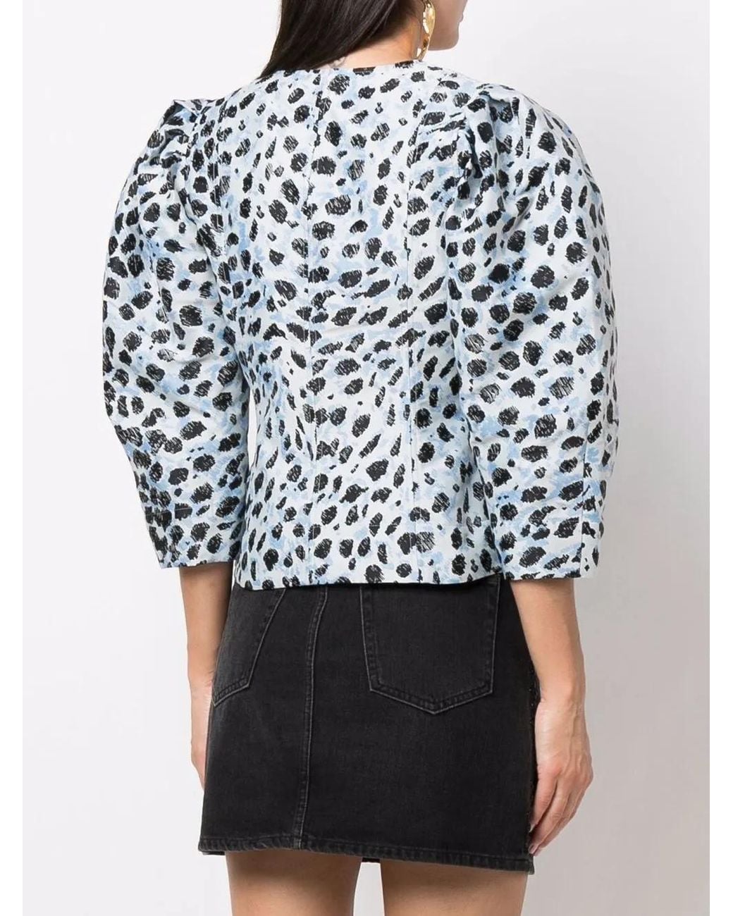 Ganni Blue Leopard-Print Puff-Sleeve Top