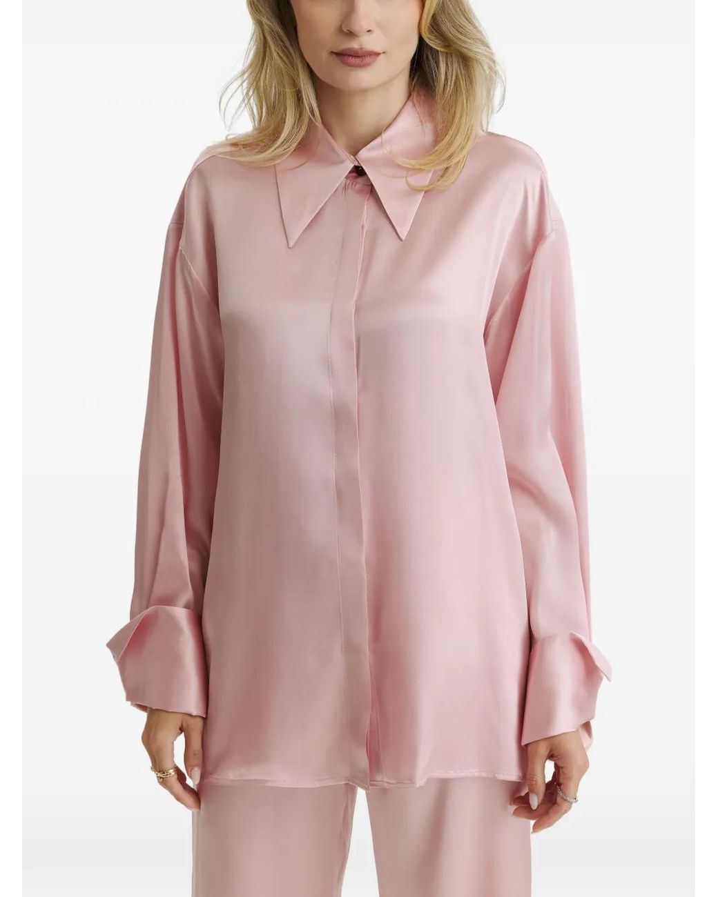 CuAnna Pink Satin-Finish Wide-Leg Pajamas