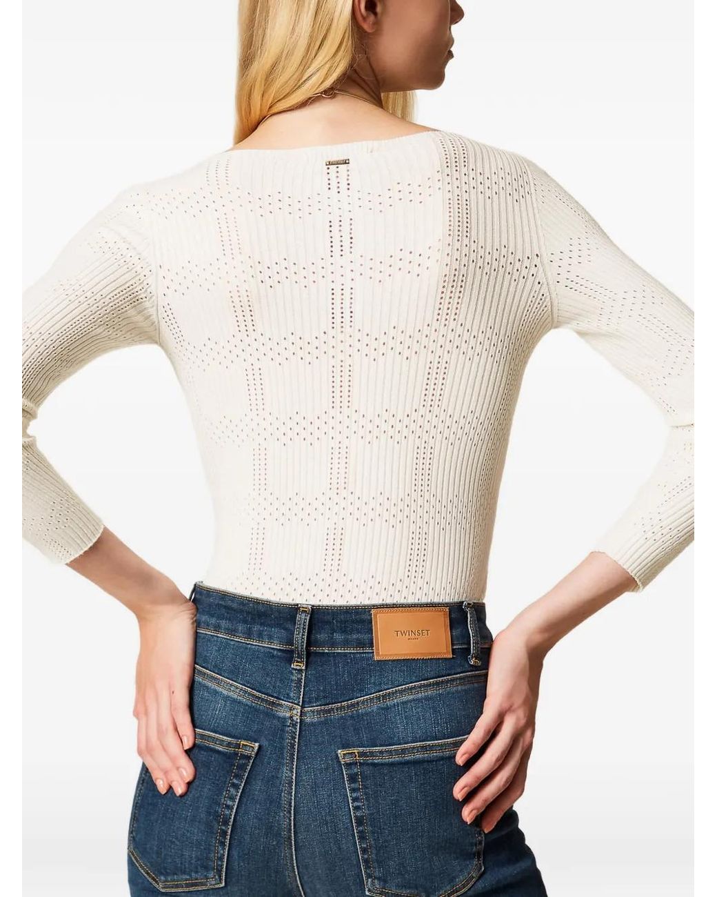 Twinset White Ribbed Jumper With Check Pattern