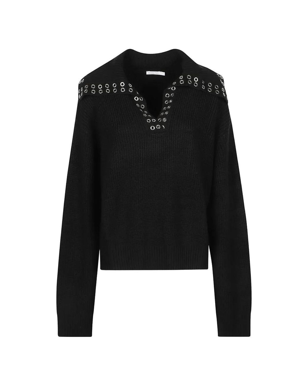 Patrizia Pepe Black Eyelet-Embellished V-Neck Sweater