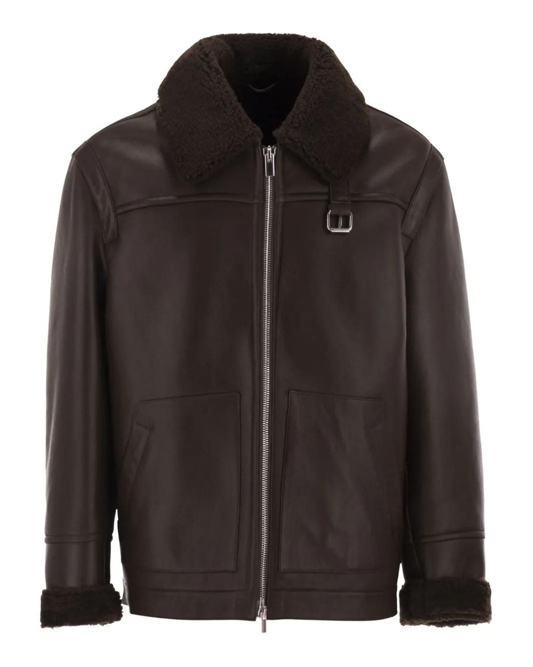 PT Torino Black Shearling-Trim Leather Jacket for men