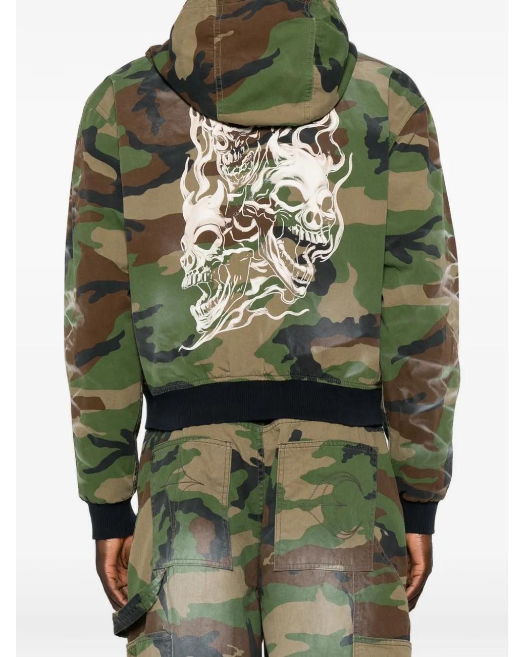 THUG CLUB Green Camouflage-Print Skull-Print Hooded Jacket for men