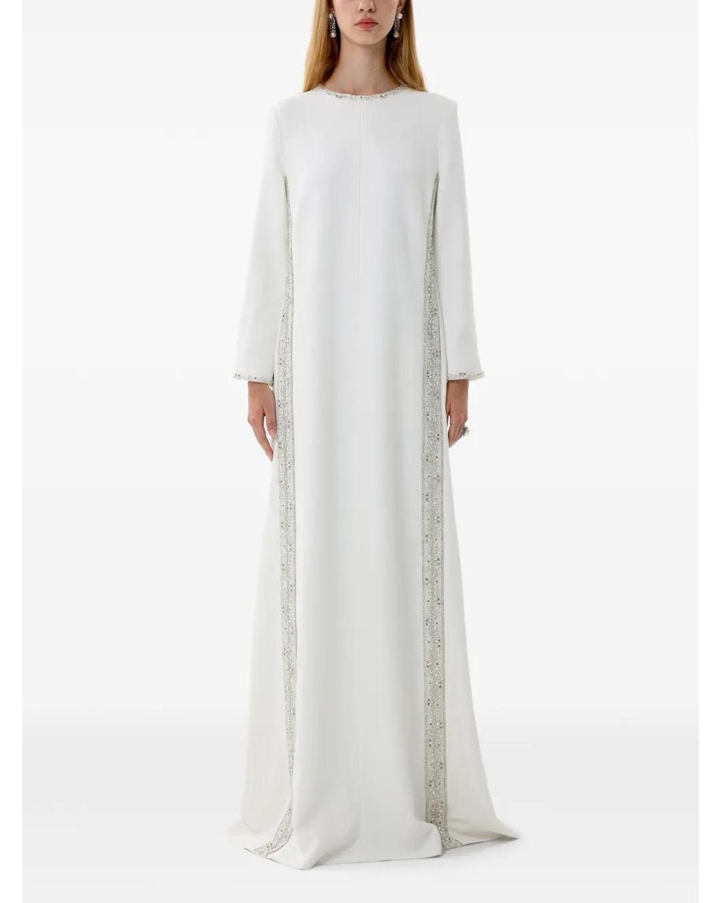 Dina Melwani White Crystal-Trim Long-Sleeve Maxi Dress