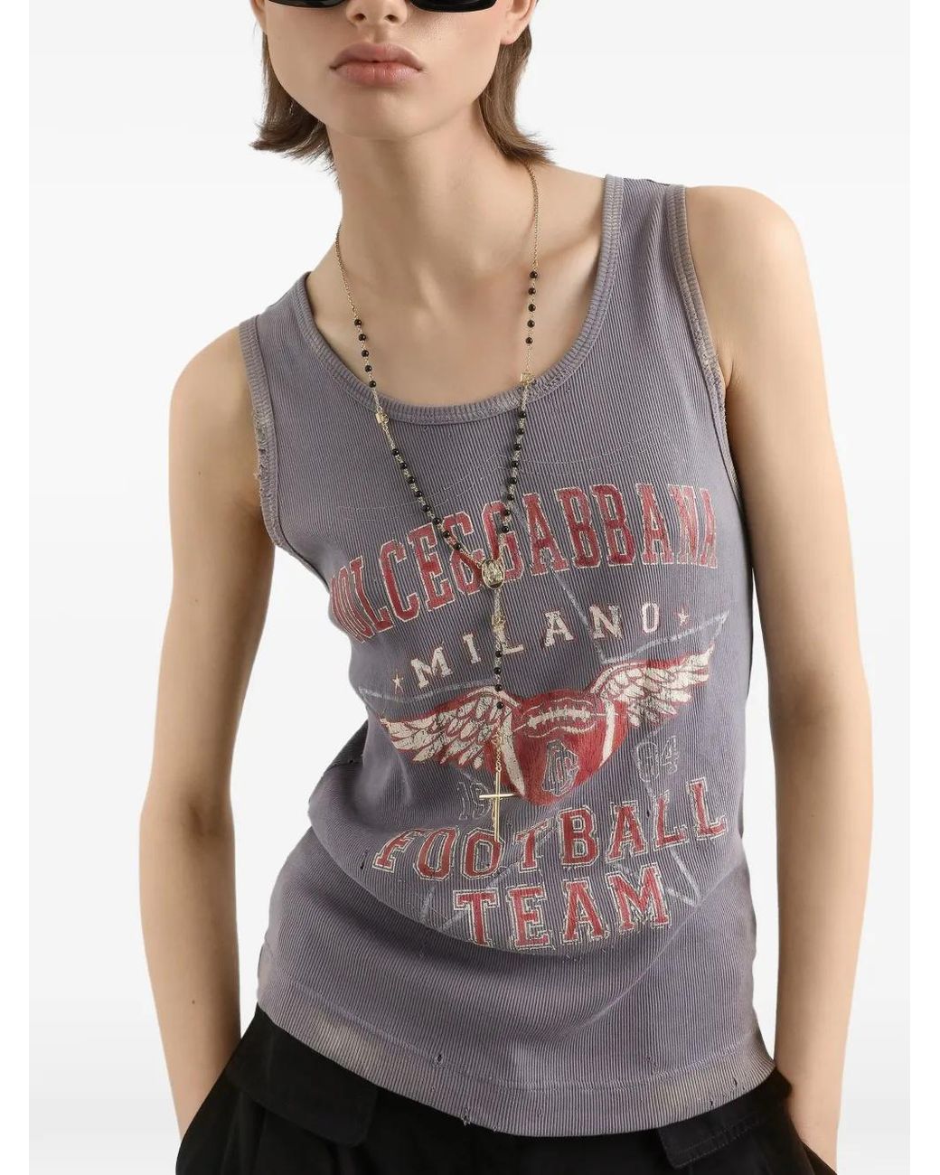Dolce & Gabbana Gray Ribbed Tank Top With Distressed Effect And Print