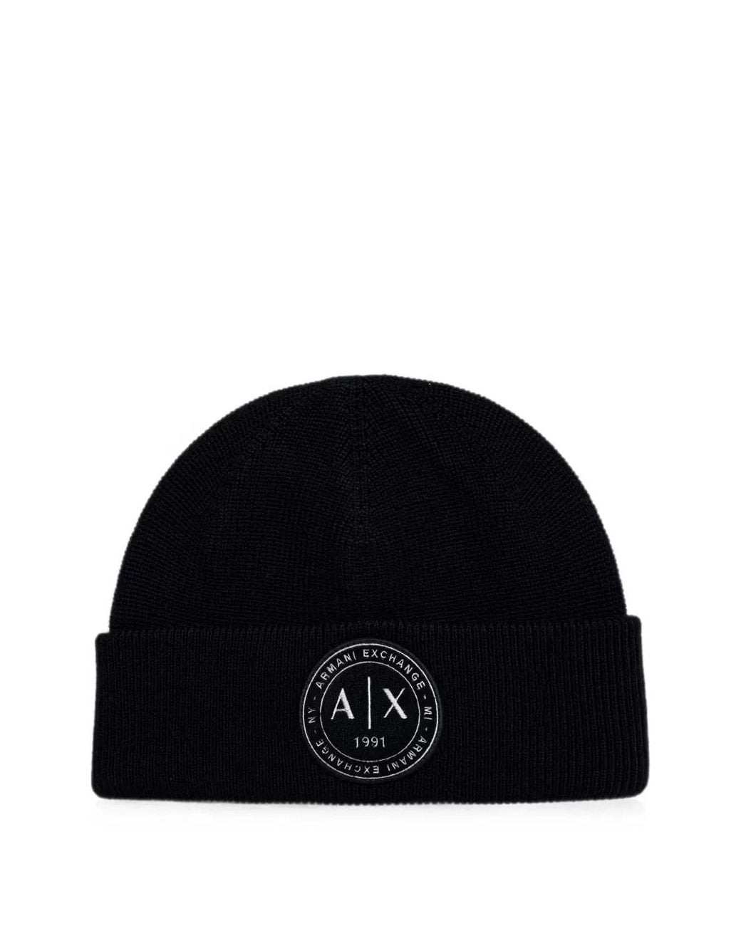 ARMANI EXCHANGE Black Logo-Patch Ribbed-Knit Beanie Hat for men