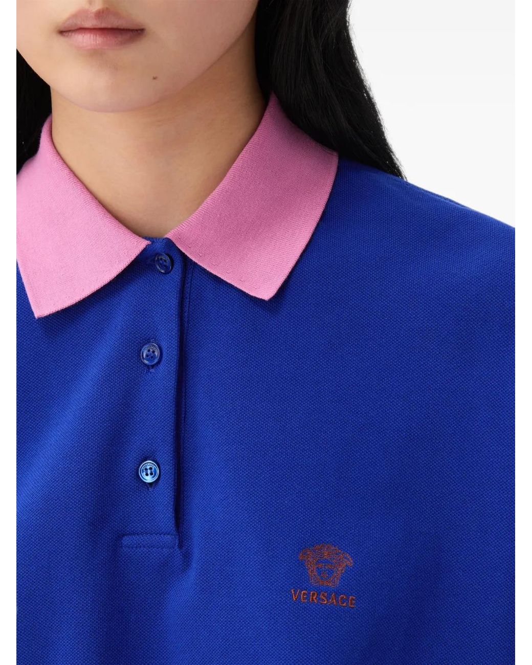 Versace Blue Polo En Coton Piqué À Logo Brodé Et Manches Longues