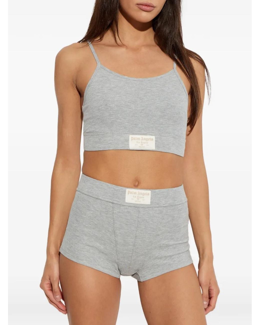 Palm Angels Gray Ribbed Logo-Patch Top