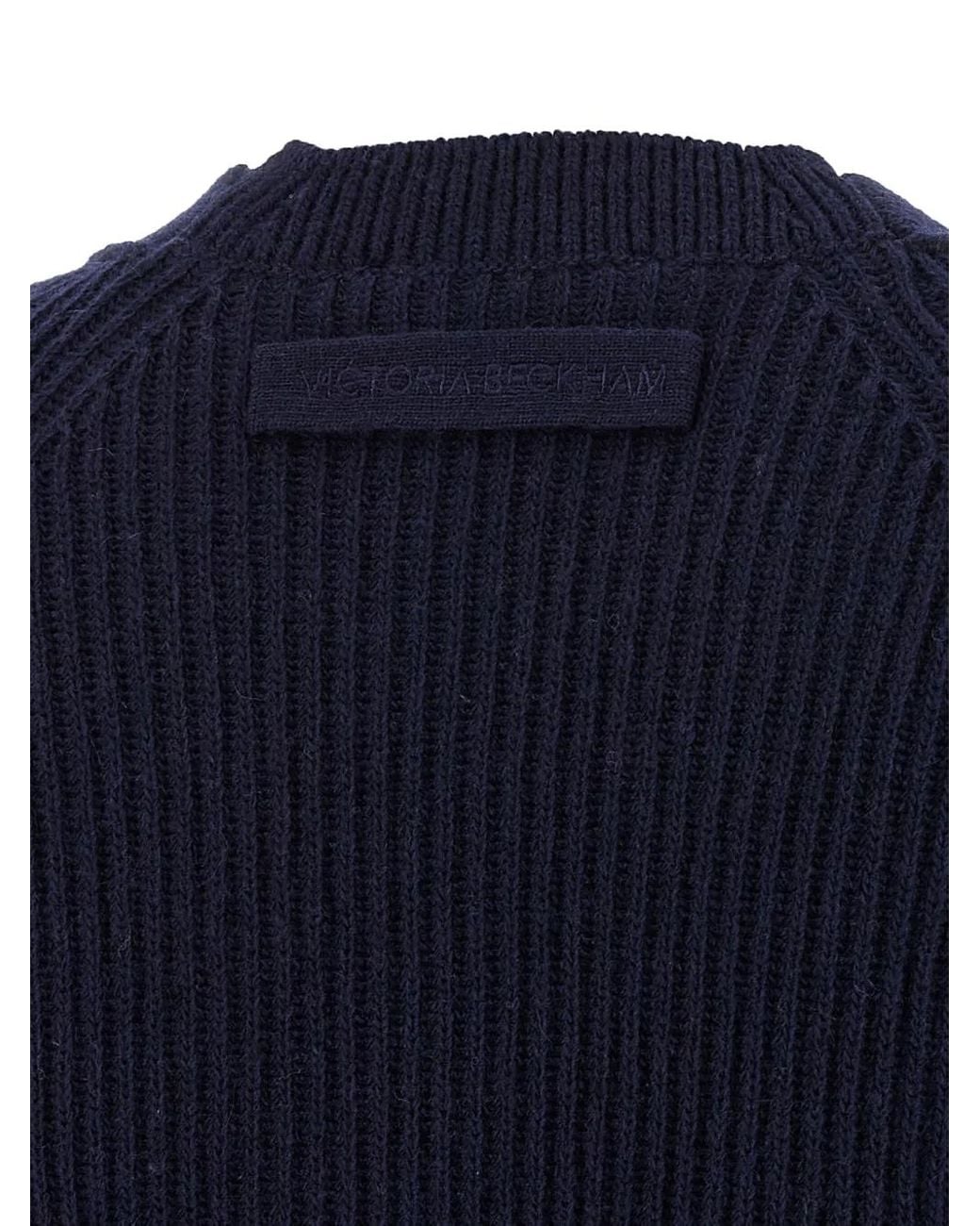 Victoria Beckham Blue Stepped-Hem Ribbed Cardigan
