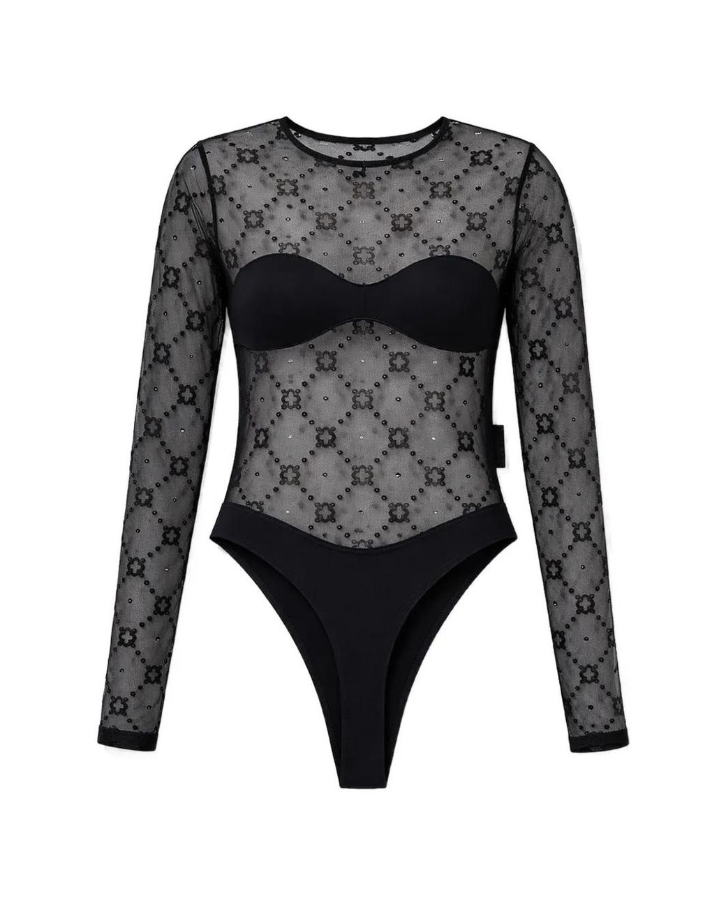 MARINE SERRE Black Moonogram Mesh Flock Bodysuit Top