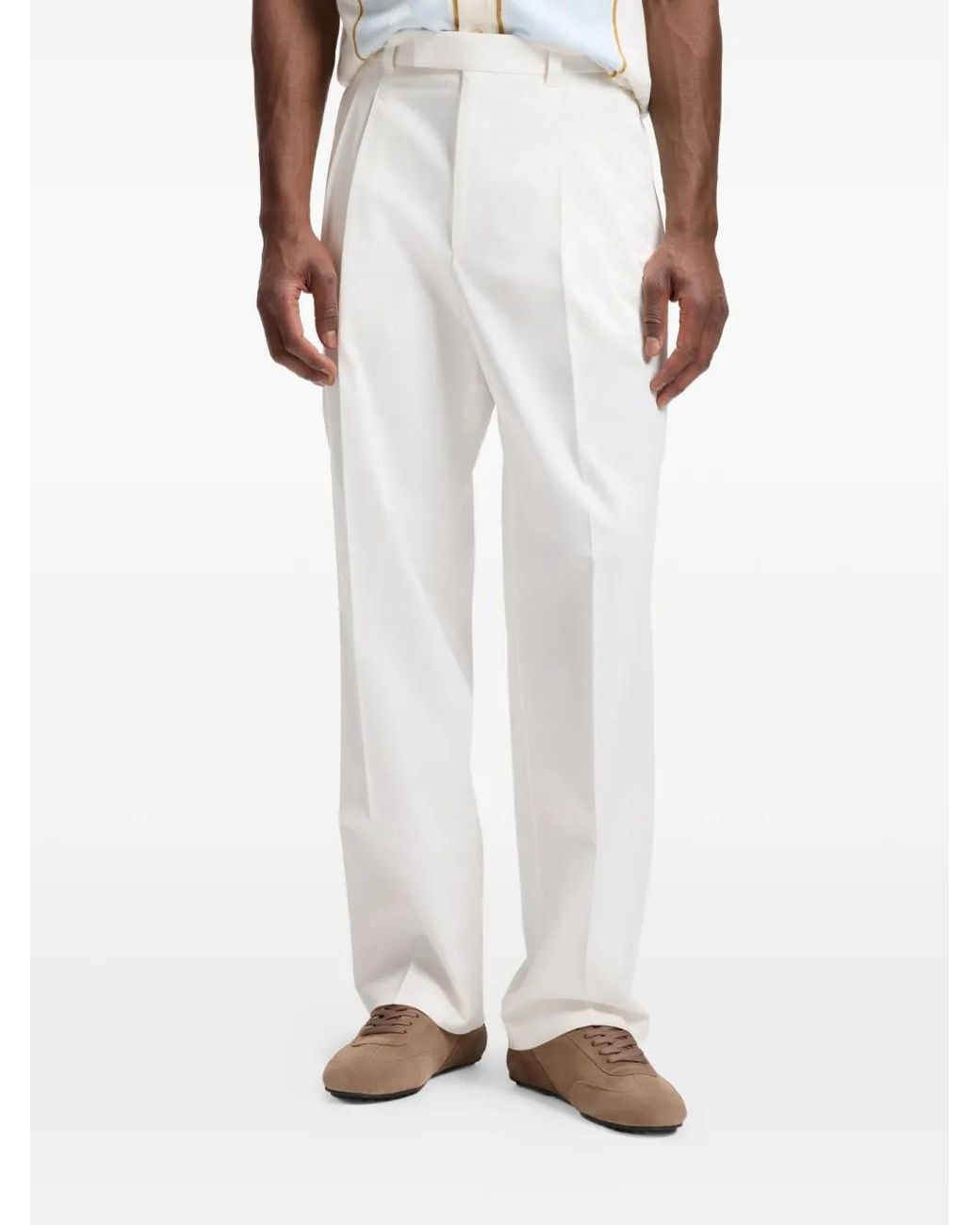 Boss White Pleated Relaxed-Fit Tailored Trousers for men