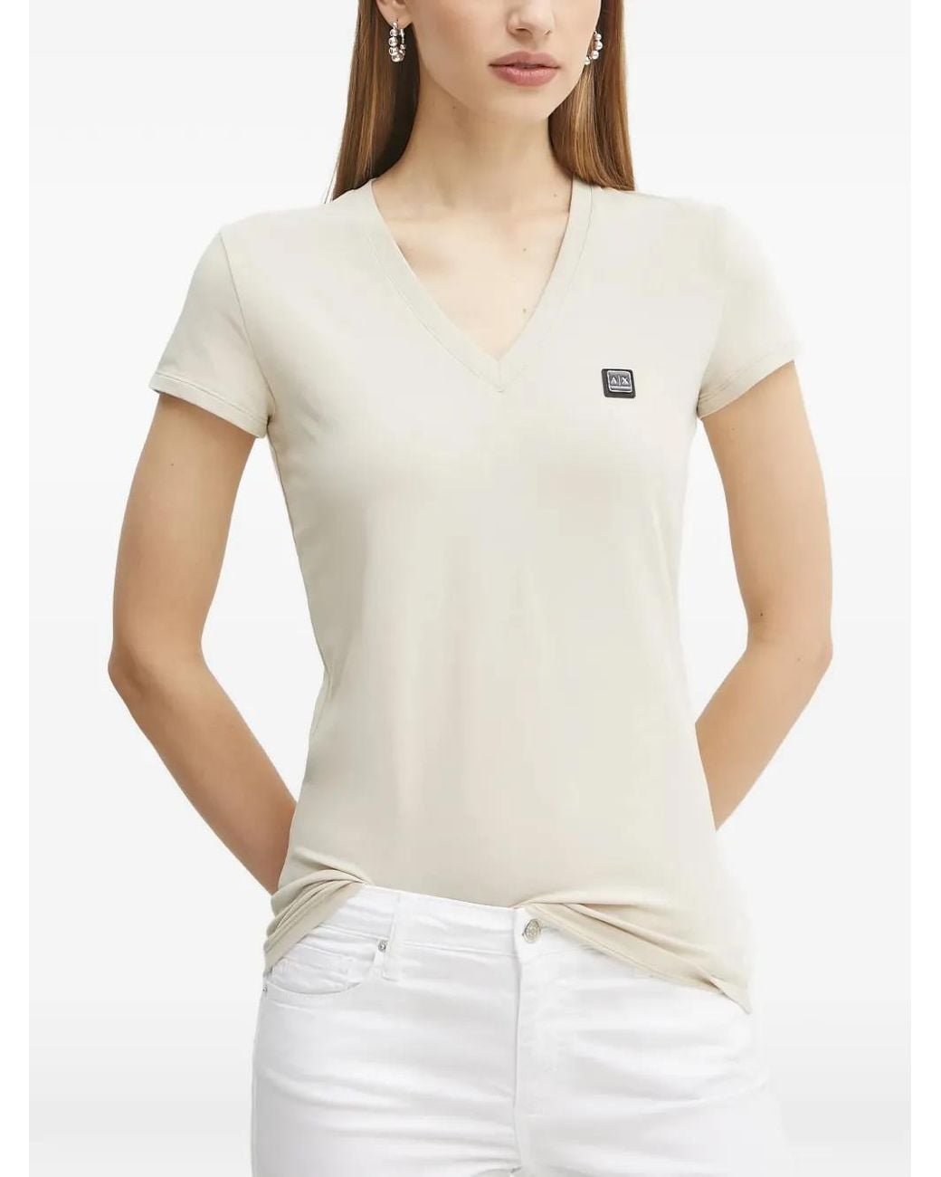 ARMANI EXCHANGE White V-Neck Logo Patch T-Shirt
