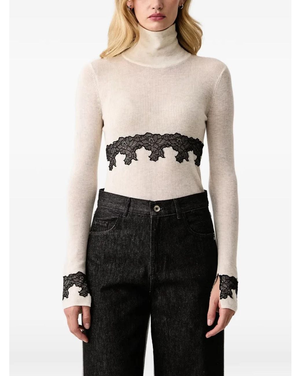 Patrizia Pepe Multicolor Lace-Trim Ribbed Turtleneck Sweater