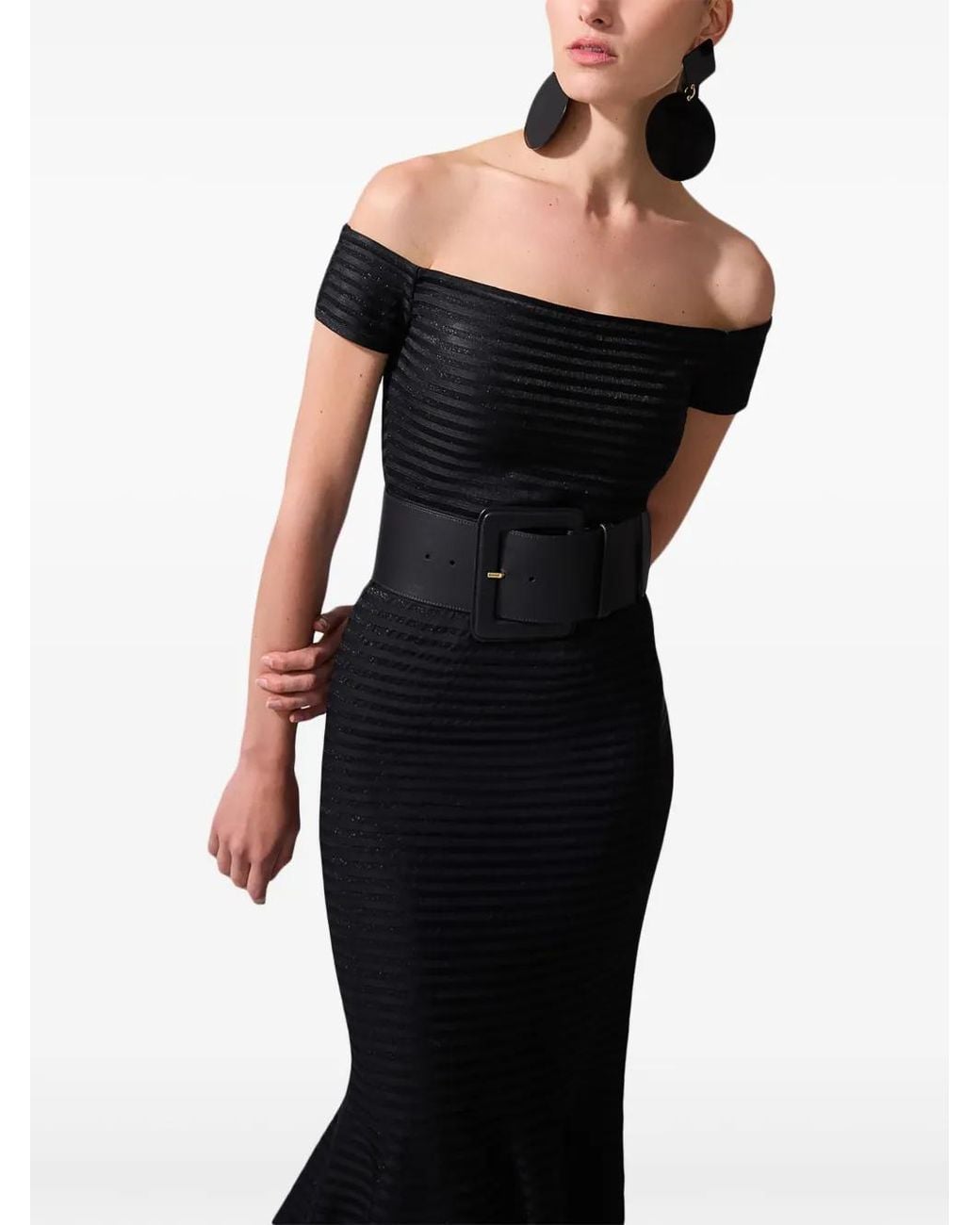 Carolina Herrera Black Striped Off-Shoulder Maxi Dress