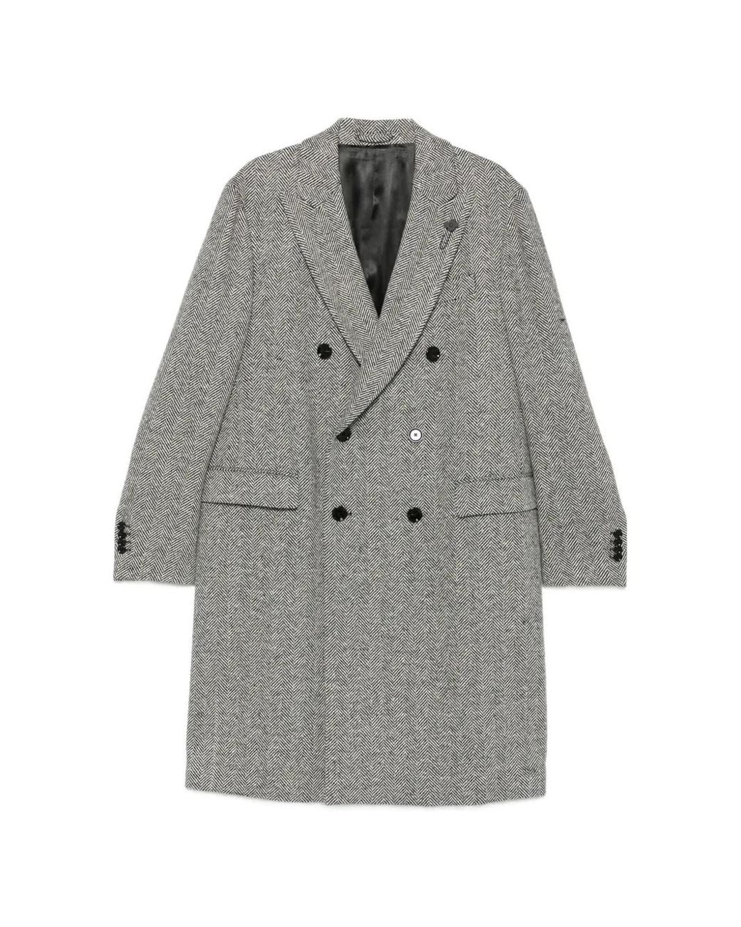 Lardini Gray Herringbone Double-Breasted Coat for men