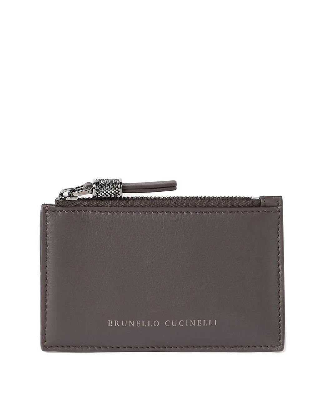 Brunello Cucinelli Gray Calfskin Card Case With Shiny Zipper Pull