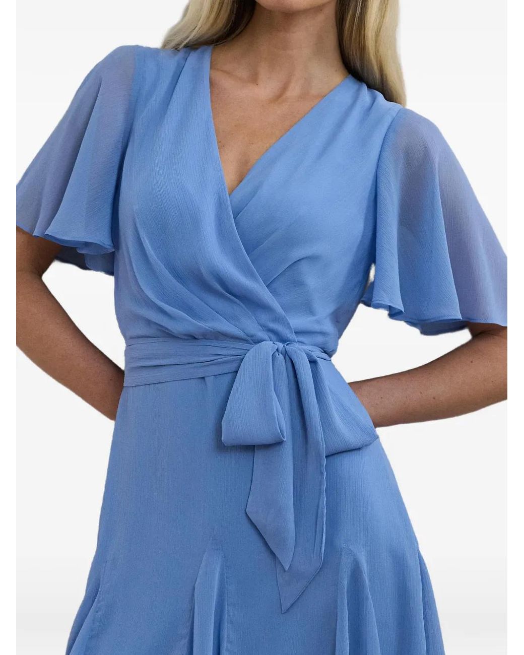 Ralph Lauren Blue Robe Portefeuille Courte À Manches Volantées