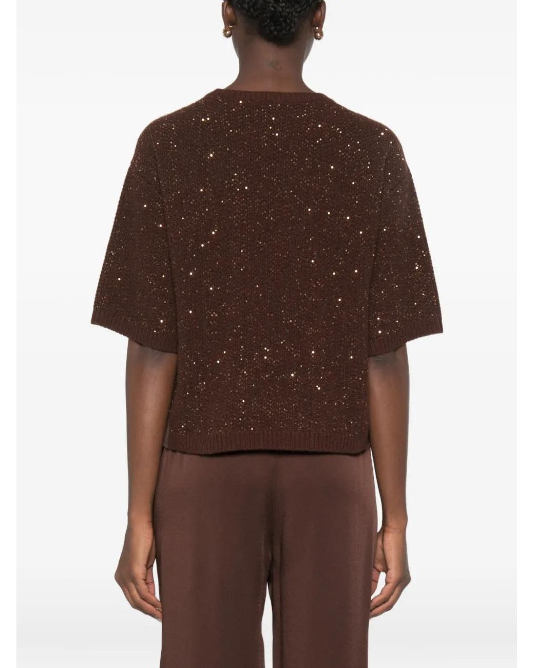 Fabiana Filippi Brown Sequin-Embellished Short-Sleeve Sweater