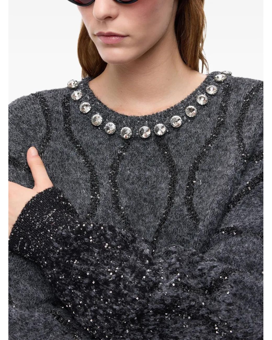 Pinko Black Sweater With Jewel Collar And Micro Sequins