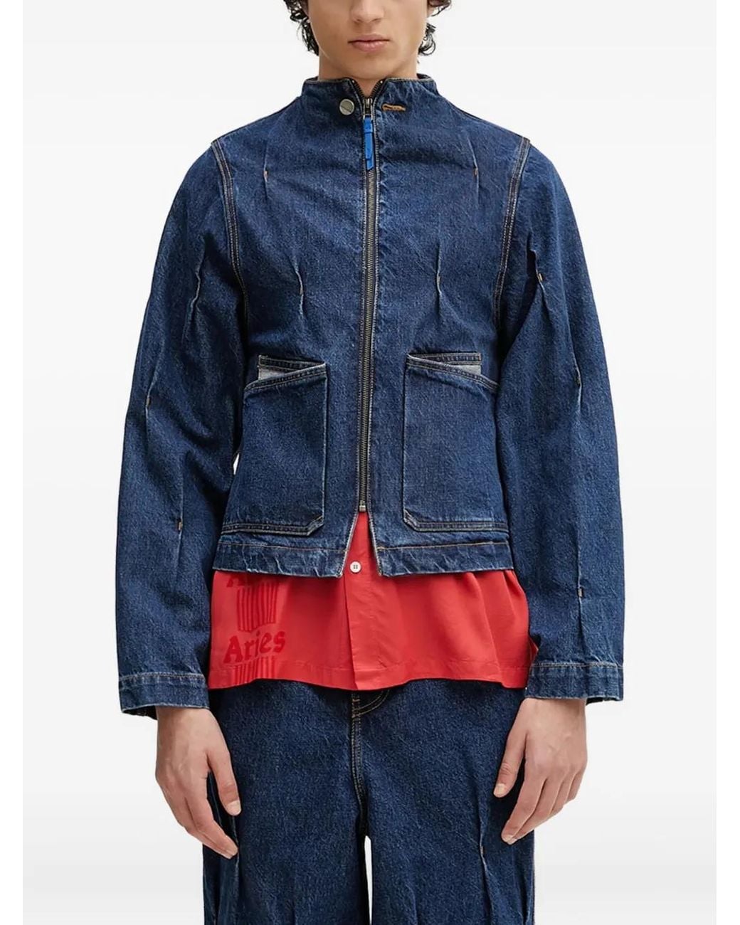 Adererror Blue Pleated Zip-Front Denim Jacket for men