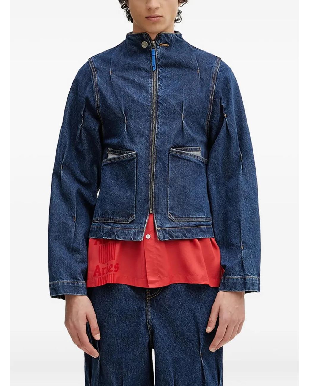 Adererror Blue Pleated Zip-Front Denim Jacket for men