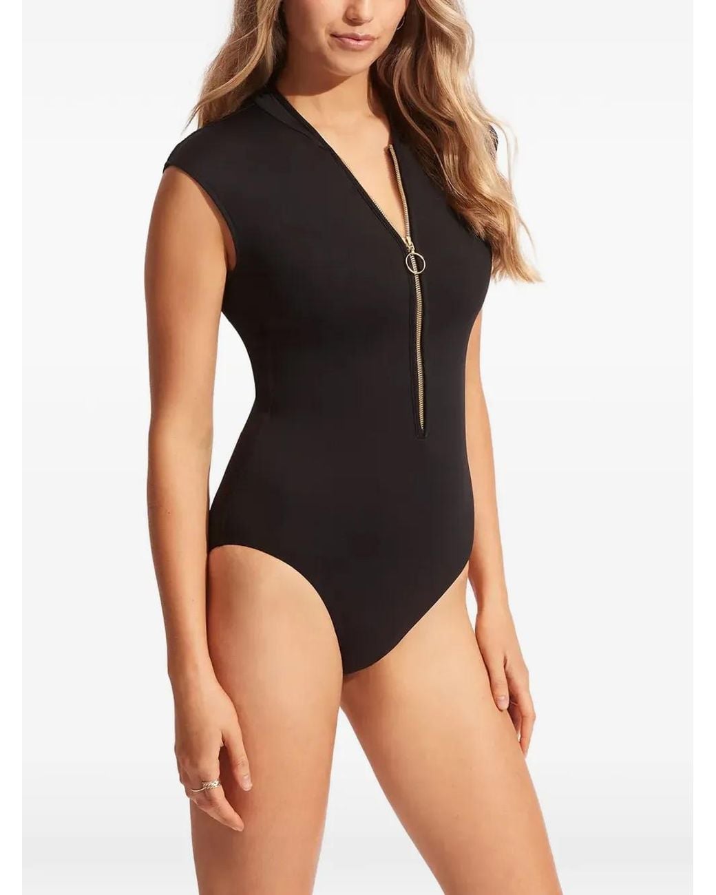Seafolly Black Zip-Front Cap-Sleeve Swimsuit