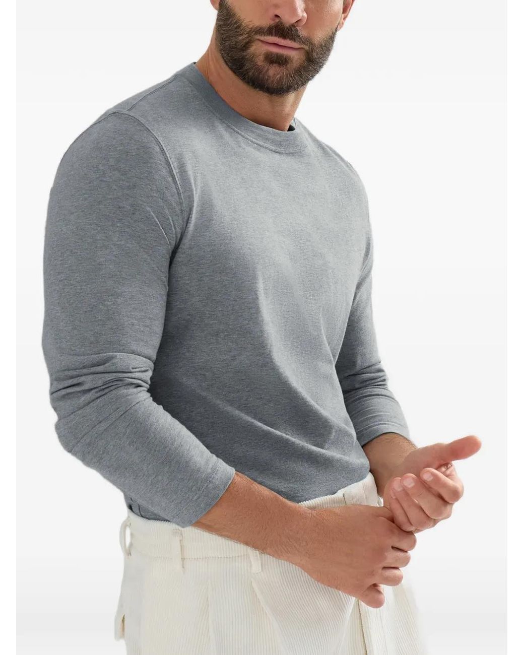 Brunello Cucinelli Gray Cotton Jersey Long Sleeve Crew Neck T-Shirt for men
