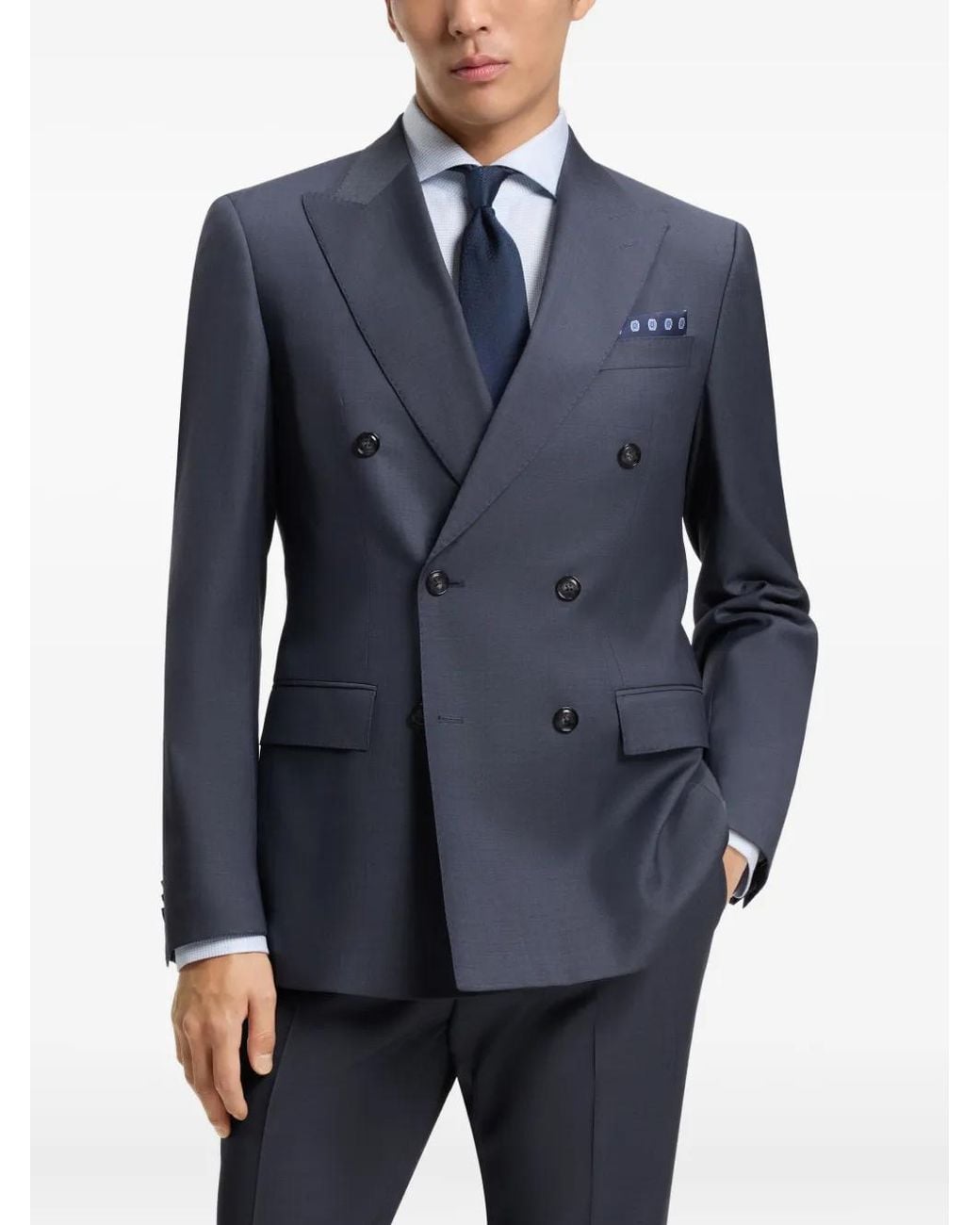 Boss Blue Double-Breasted Wool Suit for men