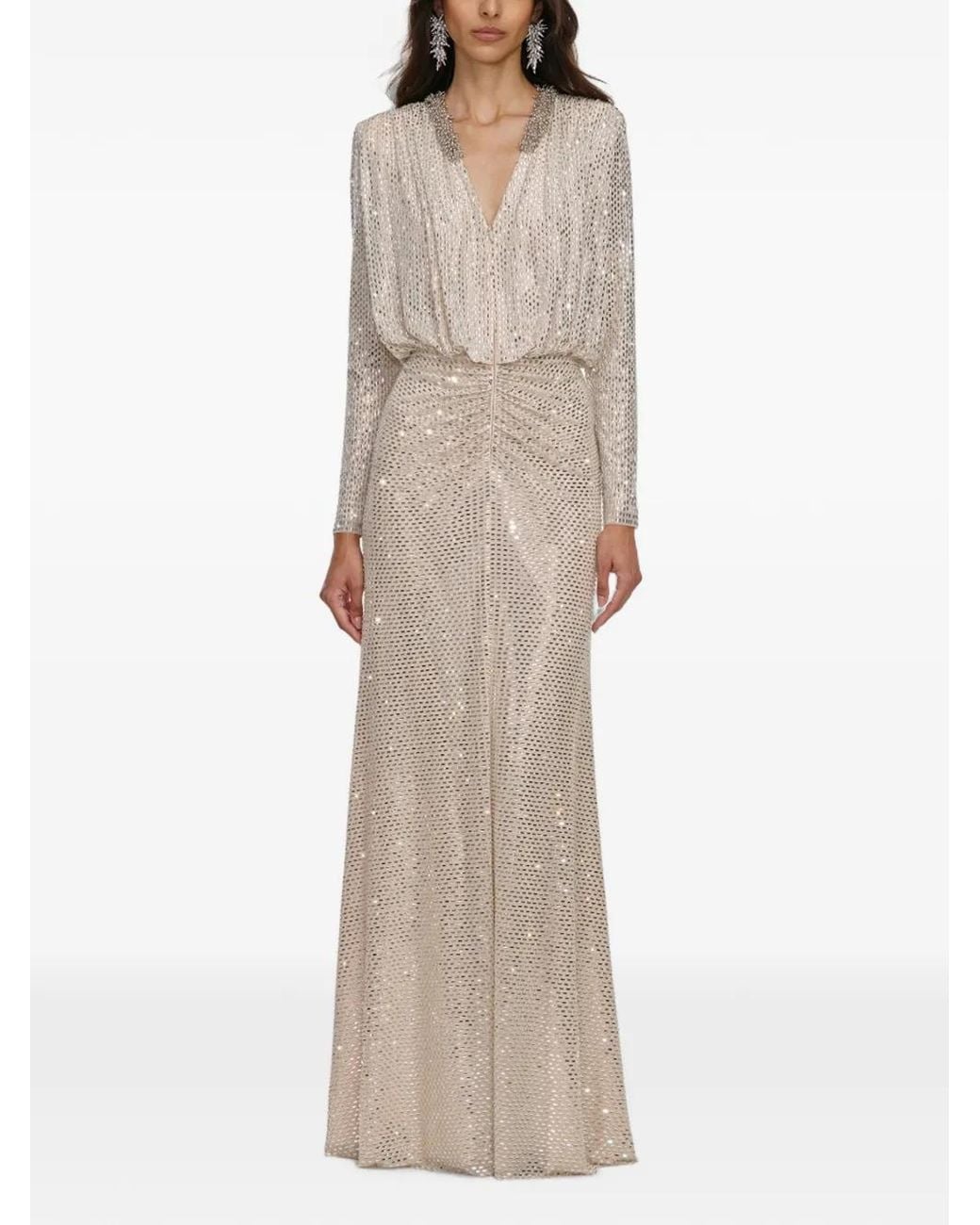 Self-Portrait Natural Rhinestone-Embellished Ruched Maxi Dress