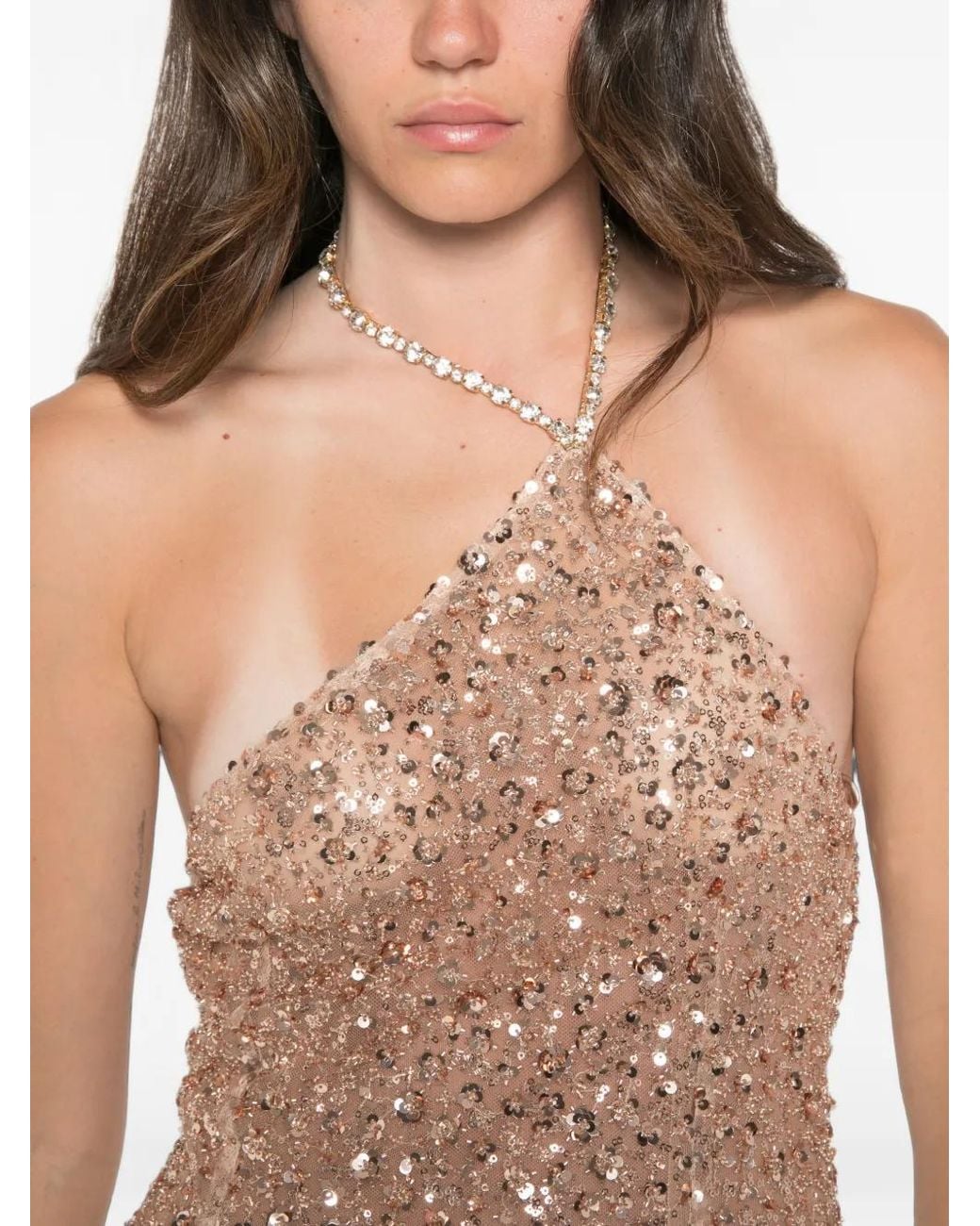 The New Arrivals Ilkyaz Ozel White Sequin-Embellished Halterneck Maxi Dress