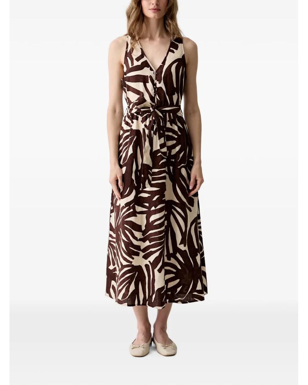 Benetton White Leaf-Print Belted Dress