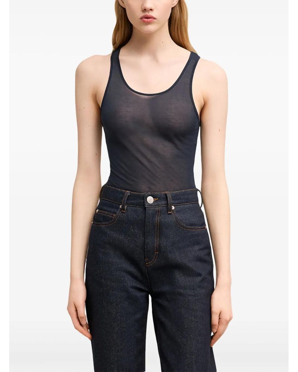 AMI Blue Logo-Embroidered Cotton-Blend Top