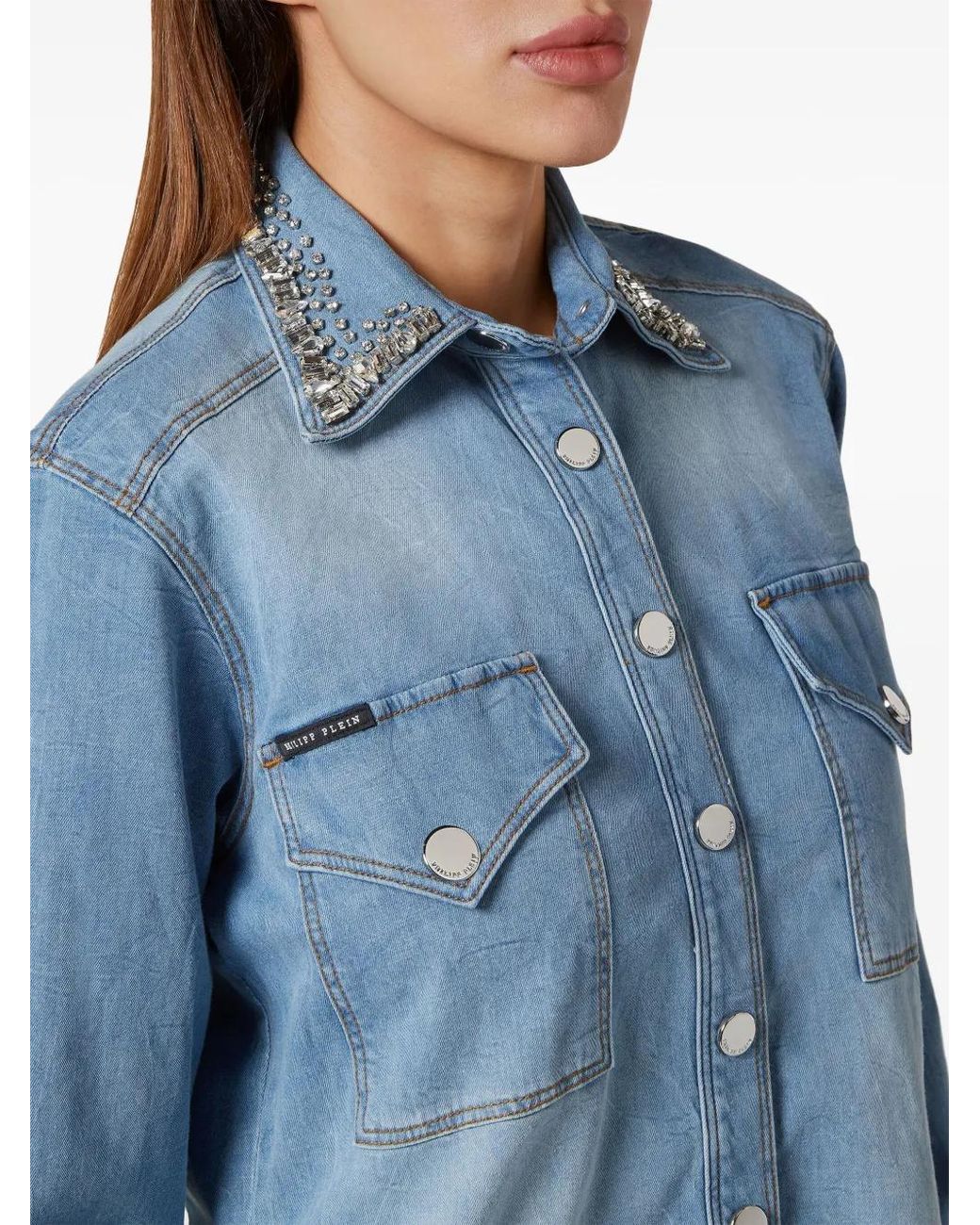 Philipp Plein Blue Crystal-Embellished Denim Shirt