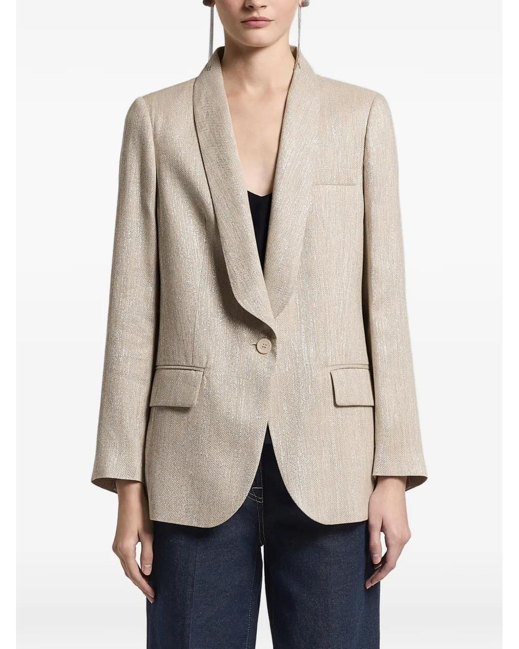 Peserico Natural Herringbone-Pattern Shawl-Lapel Jacket