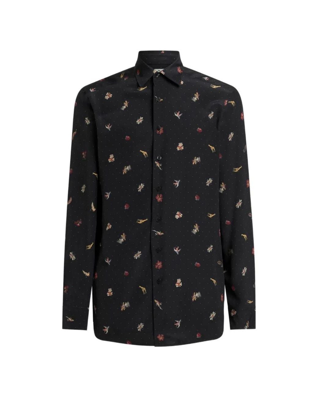 Etro Black Silk Shirt With Micro Flower And Animal Motif for men
