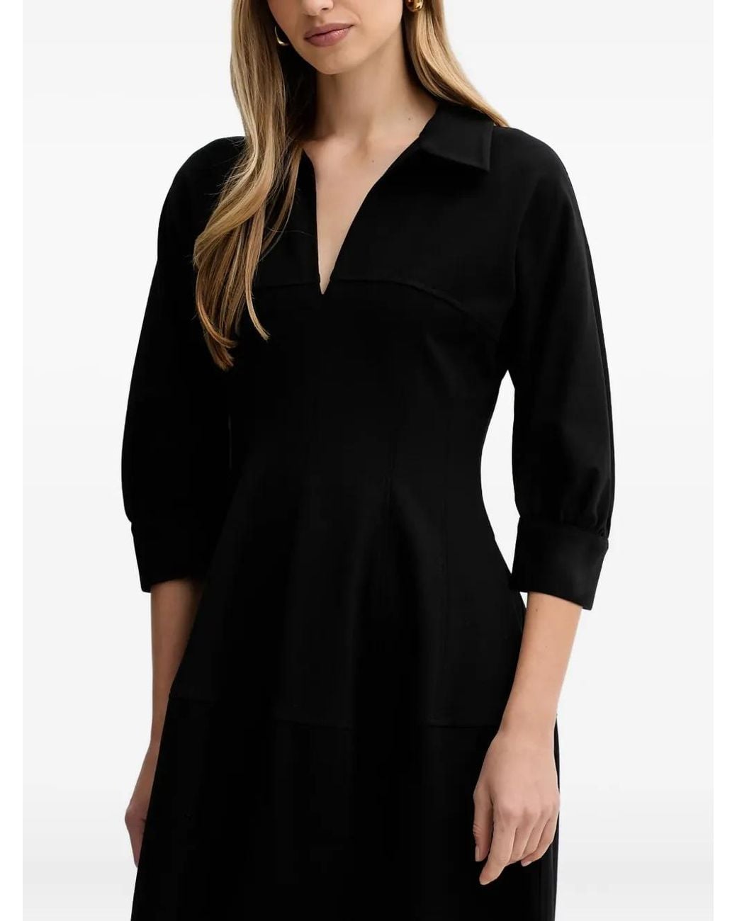 Liviana Conti Black Fleur Shirt-Collar Side-Pocket Midi Dress
