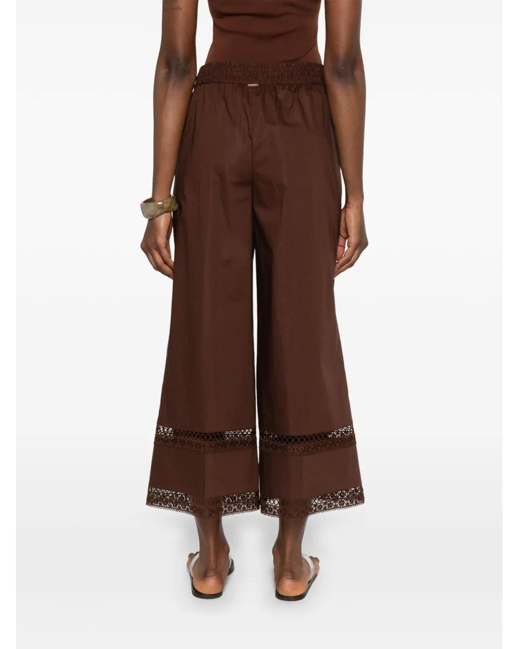 Twinset Brown Wide Poplin Trousers With Embroidery
