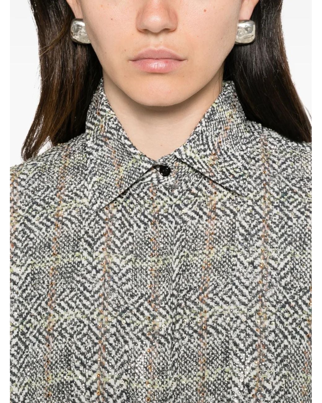Ermanno Scervino Gray Sequin-Embellished Herringbone Shirt