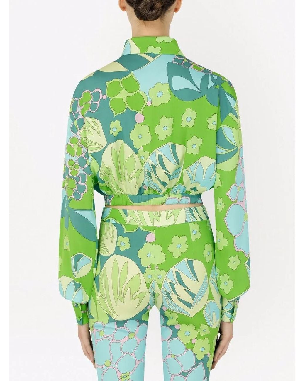 Dolce & Gabbana Green Floral-Print Cropped Silk Shirt