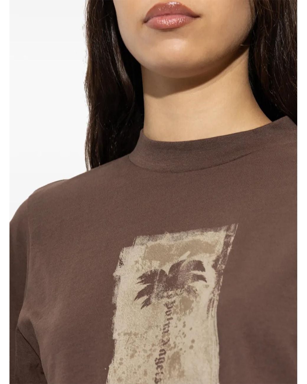 Palm Angels Brown Palm-Print Cropped T-Shirt